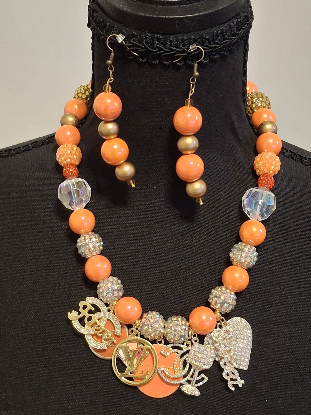 Statement Orange Beaded Charm Necklace & Earrings Set